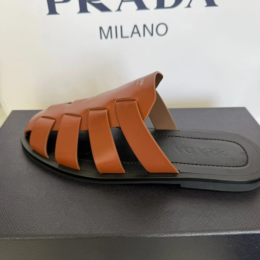 Prada 2X3145 Cognac Leather Fisherman's Mules Sandals Shoes, Sz. US 8.5 (UK 7.5)